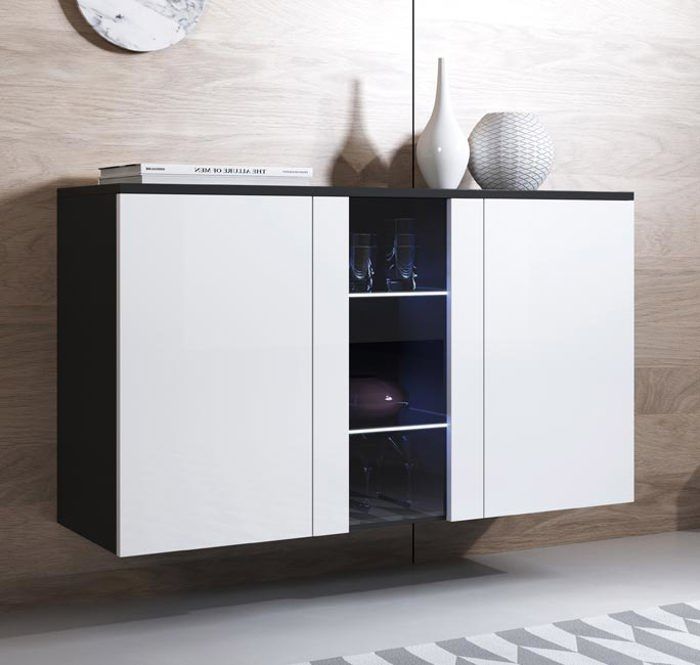 Buffet Bahut 3 portes 2 étagères vitrine LED 120 x 70 x 40 cm Couleur Noir et Blanc Finition Brillante Rangement LUKE A1