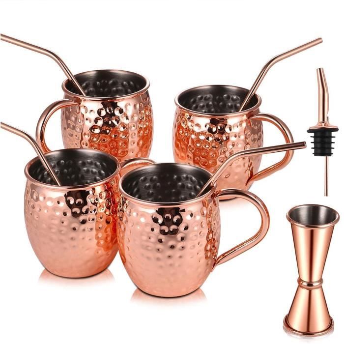 conserve design ONVAYA® Moscow Mule set cadeau de 4 mugs Tasses en cuivre pour les cocktails 4 gobelets en cuivre d/'une capacité de 380 ml mesure de bar et paille