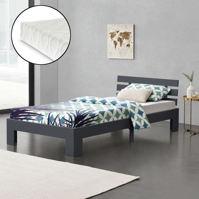 cadre de lit simple nivala à matelas à mousse à froid pin 90 x 200 cm gris foncé [en.casa]