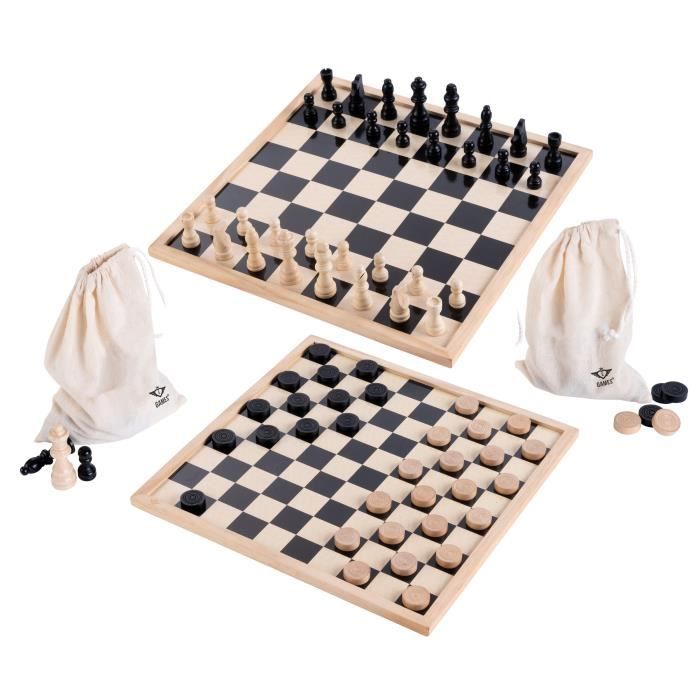jeu d'échecs 2 en 1 complet - échecs / dames en bois - 40 cm + 2 sacs en toile et figurines