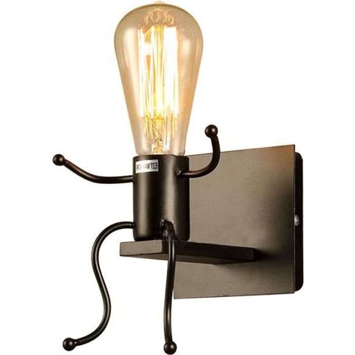Applique Murale Rustique Bois Lampe Murale Vintage Rétro, Abat-Jour En Cage En Métal Noir E27
