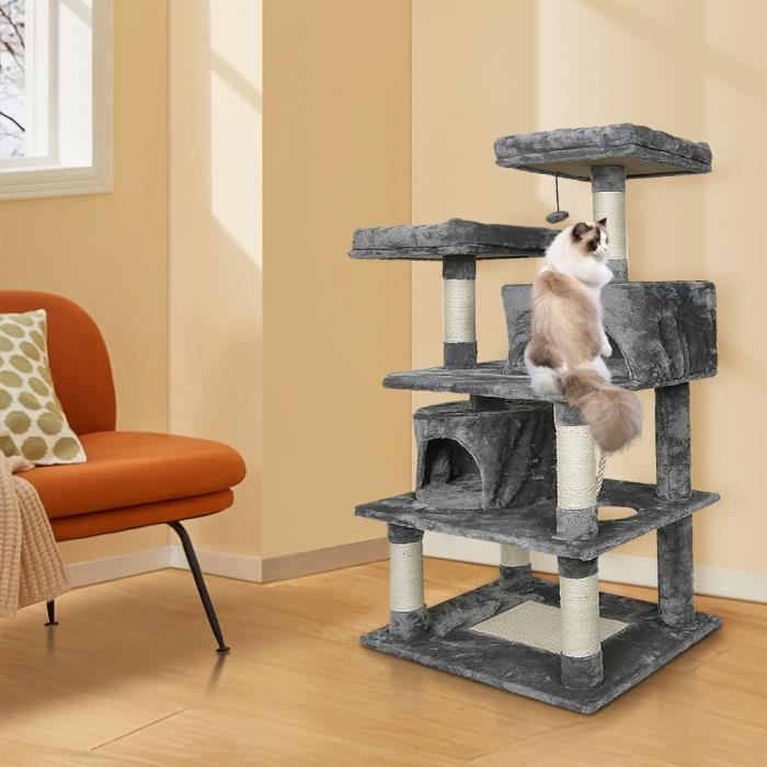 Meilleurs prix pour YIYI. Arbre à Chat Tour à Griffer avec 2 Niches-Hamac Colonne en Sisal Multi-Niveaux Tour pour Chat Hauteur 145cm, Gris.