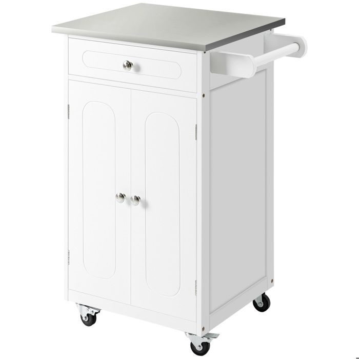 Chariot de service - HOMCOM - desserte cuisine roulettes 1 tiroir placard porte-torchons - MDF inox - blanc