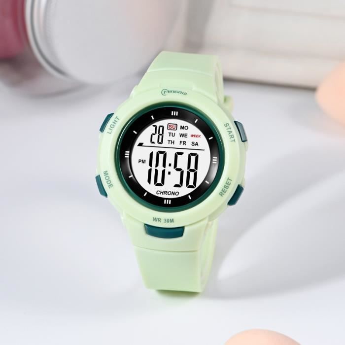 Montre Enfant Fille Vert étanche 3ATM Numérique Simple Fluorescent Multifonctionnel