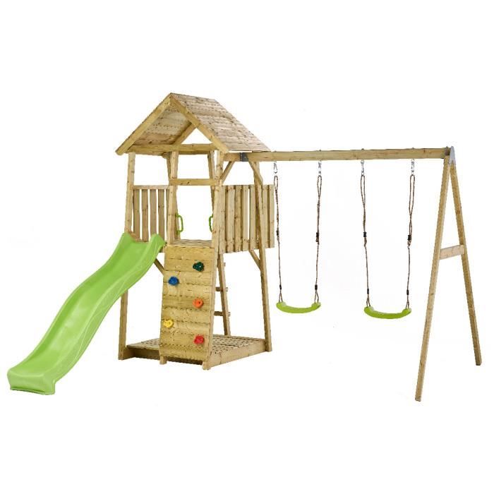 Wickey Aire de jeux Portique bois SmartS avec balançoire et toboggan Cabane  enfant exterieur avec bac à sable & échelle d'escalade - vert