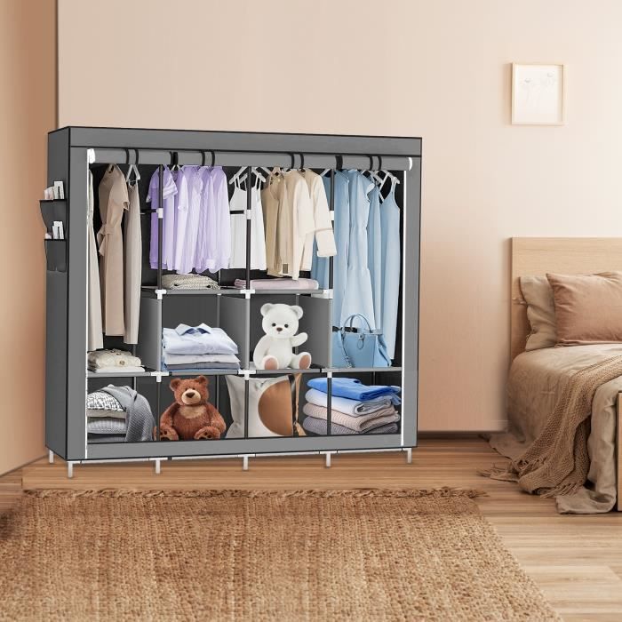 KEDIA - Armoire en Toile - Penderie en Tissu - Garde-Robe Porte-vêtements - Gris Foncé - 167*45*170cm
