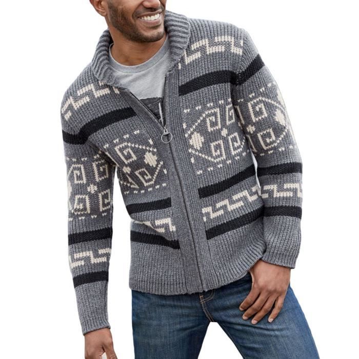 Homme Cardigan en Tricoté Manches Longues Cardigan Ouvert en Maille Zippé Cardigan Châle col Cardigan en Jacquard,Gris