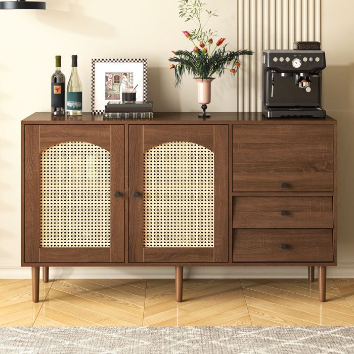 Buffet En Bois Et Rotin Tahiti Blanc - Dimensions 148cm De Large, 2 Portes, 3 Tiroirs - Rangement Salon, Salle à Manger - Style Naturel