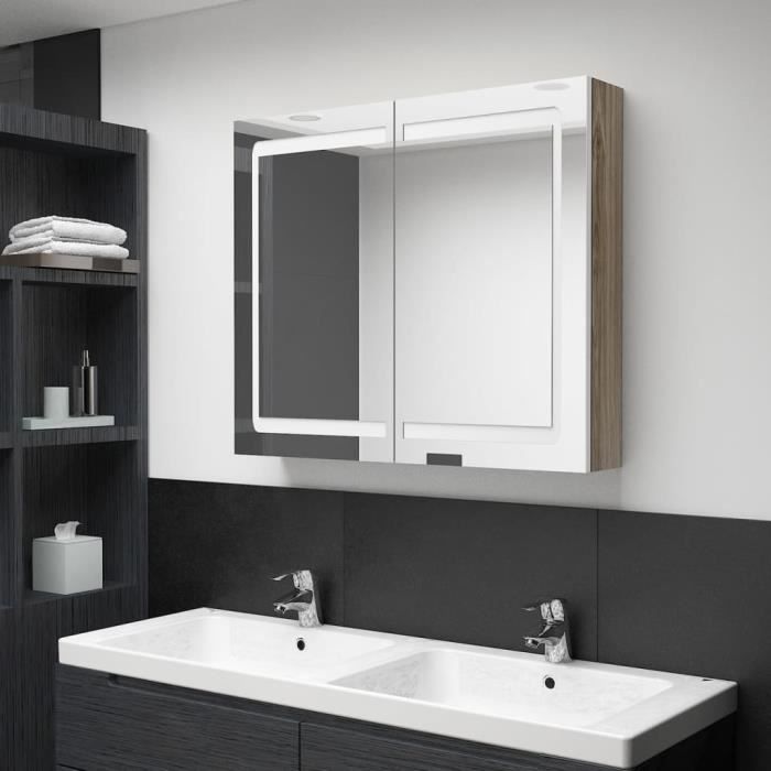 4596NEW Pro® Armoire de salle de bain à miroir LEDArmoire murale de Toilettes SuspendueMeuble haut salle de bain Blanc et chêne 80