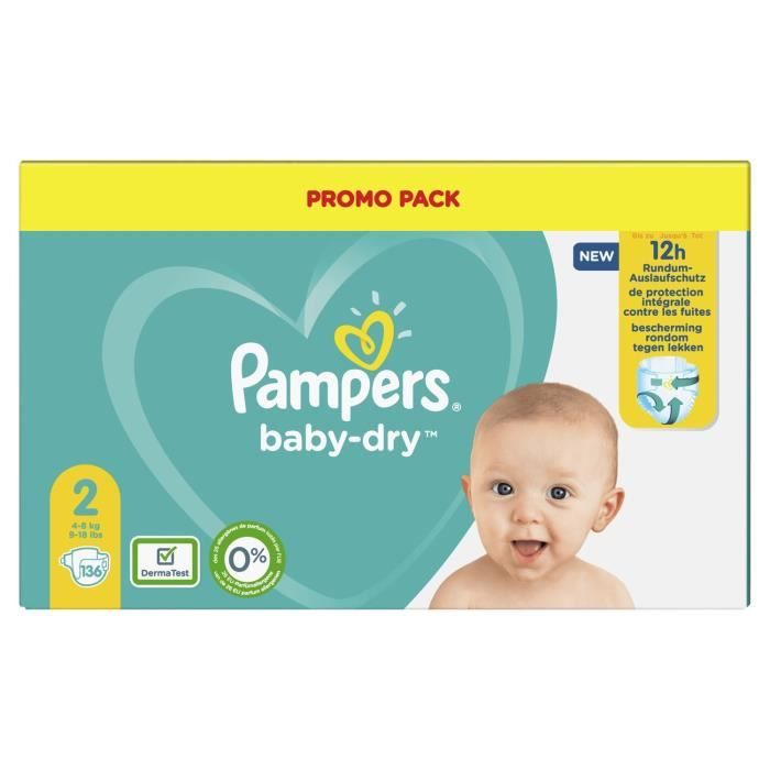 Pampers BabyDry Taille 2, 136 Couches, Jusqu’À 12 h De Protection, 4