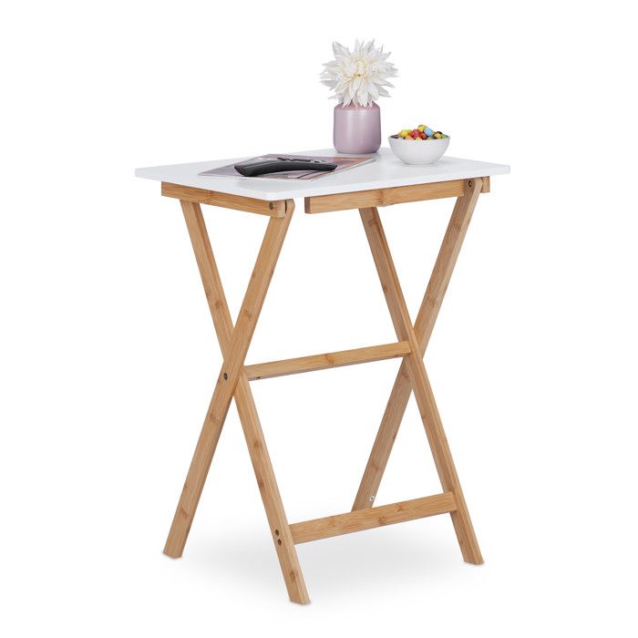 Relaxdays Table pliante bambou HxLxP&nbsp;: 63 x 475 x 37 cm peu encombrante solide guéridon de balcon blanc-nature