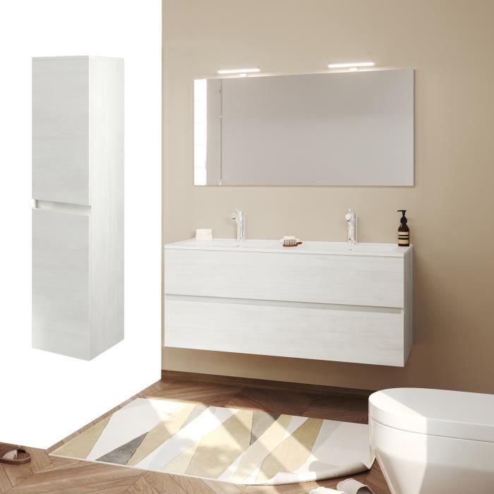 EASY Meuble salle de bain double vasque 2 tiroirs Chêne clair largeur 120 cm + miroir + colonne murale