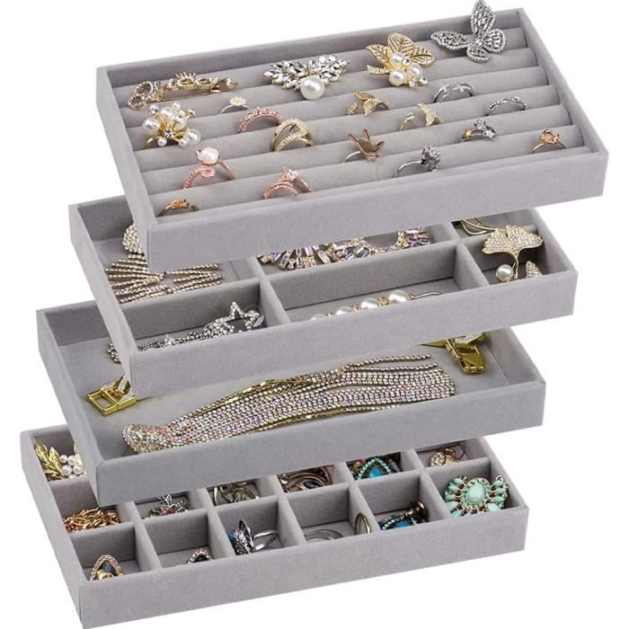 Lot De 10 Plateaux à Bijoux Empilables En Velours - Organisateur Tiroir Pour Colliers, Bracelets, Boucles D'Oreilles - Gris - 4