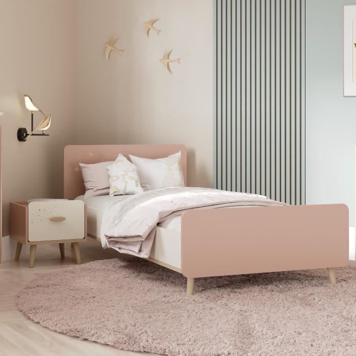 Ensemble Lit et table de chevet - SUZIE - 90 x 190 cm - Chêne / Abricot - DEMEYERE