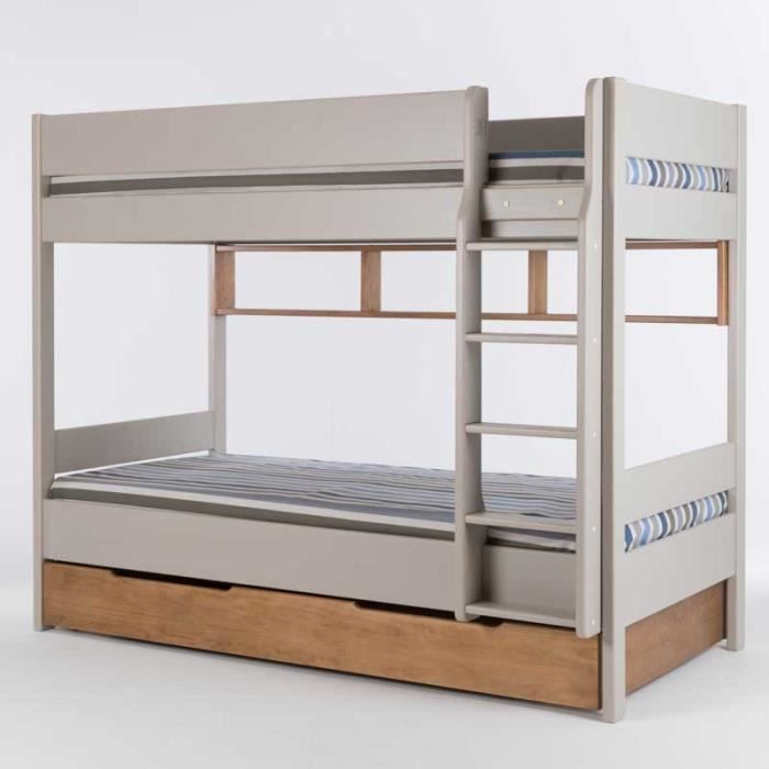 lit superposé bois massif lin - mikai - 90 x 200 + tiroir + étagères - campagne - tousmesmeubles