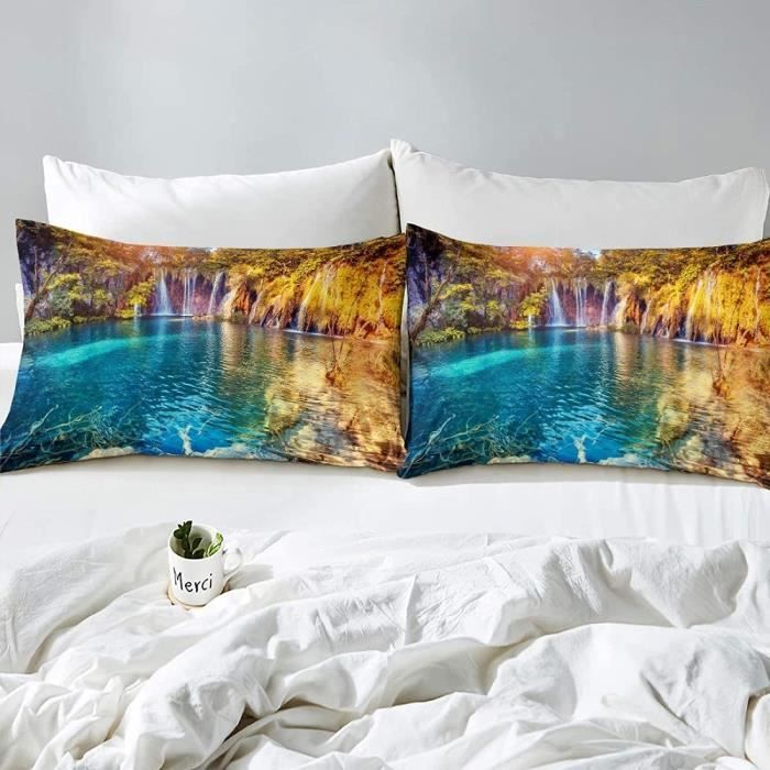Housse De Couette Paysage Santorin Grèce - Parure De Lit 3D Romantique Avec Taies D'Oreiller