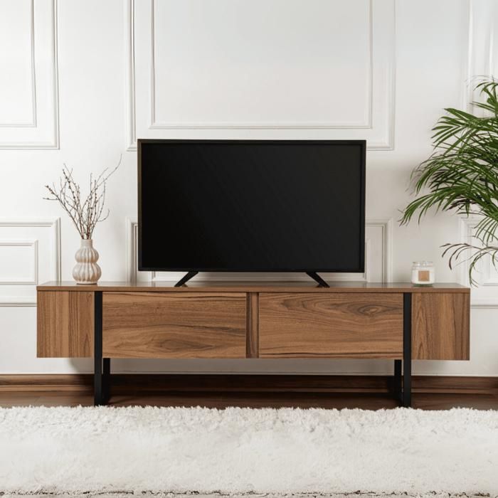 Meuble TV 2 Portes Coulissantes Calicosy - Décor Bois Chêne L120 X P39 X H55 Cm - Style Moderne Et Naturel