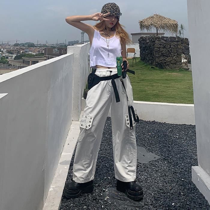 Pantalon Cargo Gothique Harajuku Blanc Femme Large Jambe Avec