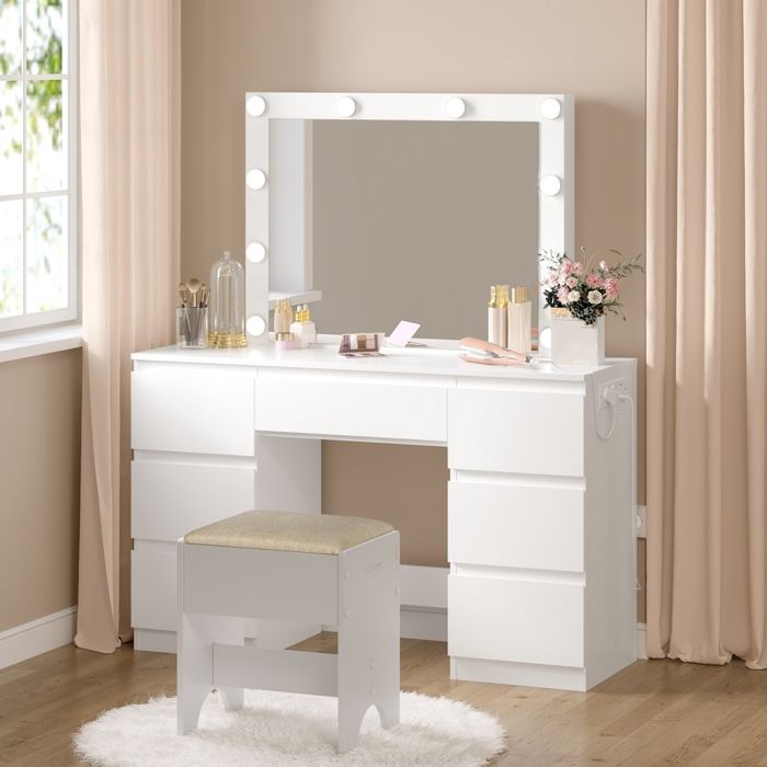 Coiffeuse blanche et rose 3 tiroirs Miroir LED + Tabouret manucure - Ciel & terre Commerce