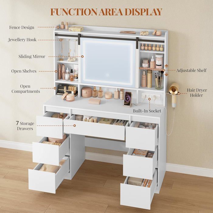 Coiffeuse Avec Miroir Et éclairage LED Réglable - 7 Tiroirs, Multiprise, Rangement Bijoux | Dimensions 40x108x149 Cm, Blanc - 4