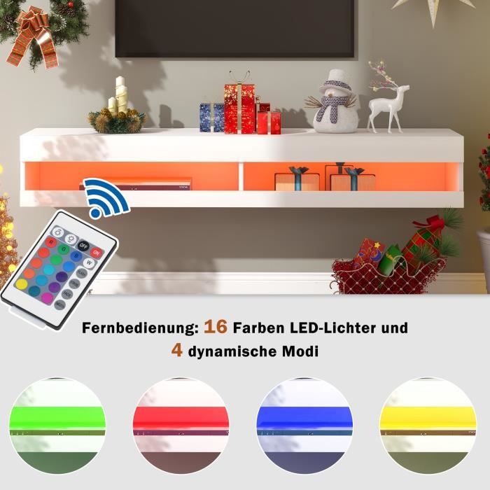 Meuble TV Mural Flottant Blanc 200cm Avec Lumières LED RGB - Rangement Profond 31cm, Pour TV 75-85"