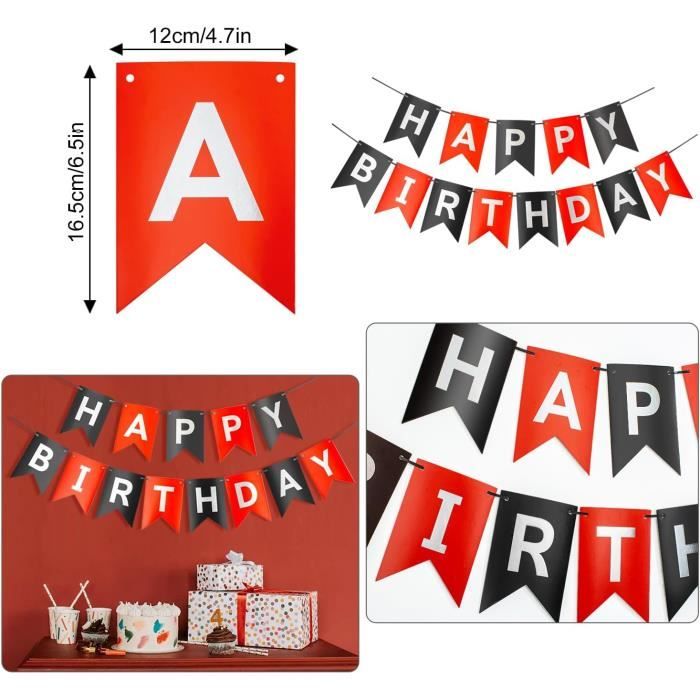 Kit Décoration Anniversaire Noir Et Rouge – Bannière Joyeux Anniversaire, Ballons, Pompons, Spirales – Idéal Fêtes Adultes Et Enfants
