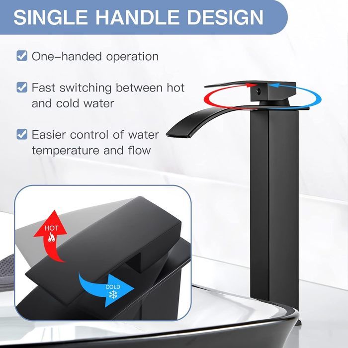 Robinet D'évier De Salle De Bain Cascade Noir Avec Bouchon De Vidange Pop-up Pour Robinet De 10,2 Cm, 2 Poignées, Robinet Central à 2 Ou 3 Trous Pour Lavabo De Salle De