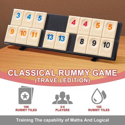 Jeu de Rummy Cube Édition Quatre Joueurs, Rummy Cube de luxe 106 tuiles avec boîte portable en aluminium, jeu de société classique pour enfants et adultes, 4 plateaux en plastique durable, 1