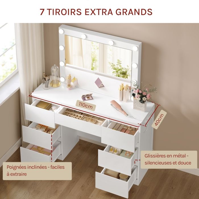Coiffeuse Avec Miroir Et Tabouret 7 Tiroirs - Noyer, Miroir Rotatif, 3 Lumières LED Réglables - 5