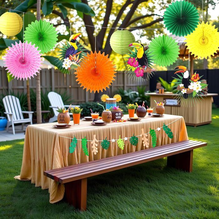Tropical Party Decoration Toucan Perroquet Decoration Suspendu Lanterne Papier Vert Jaune Fushia Kit pour Anniversaire Tropical Tiki Luau Hawaiian Party Deco