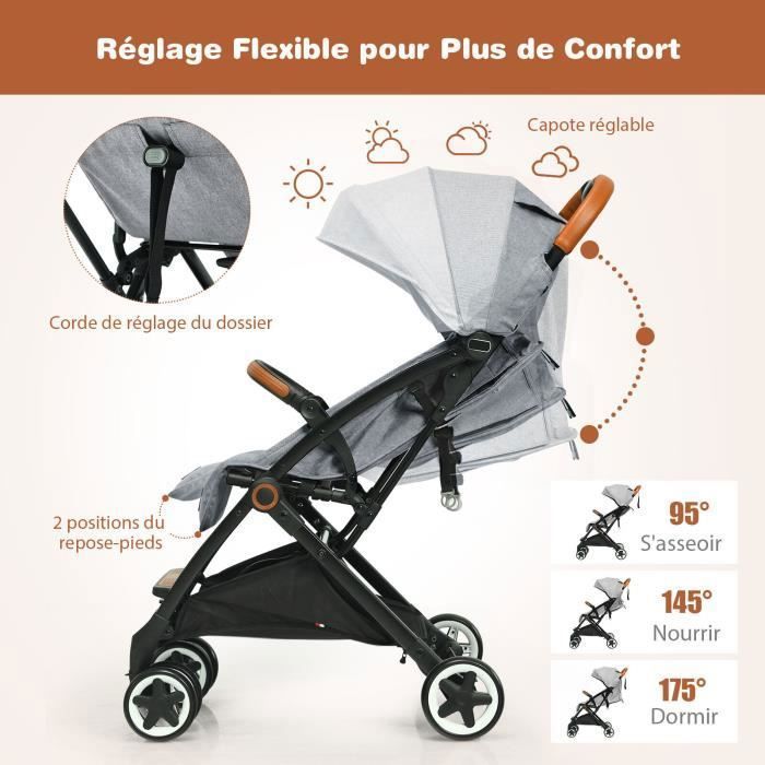 COSTWAY Poussette Bébé 0-3 Ans Pliable à une Main avec  Tige,Dossier-Repose-pieds Réglables,Auvent Rétractable, Sangle d'Attache  Gris - Cdiscount Puériculture & Eveil bébé