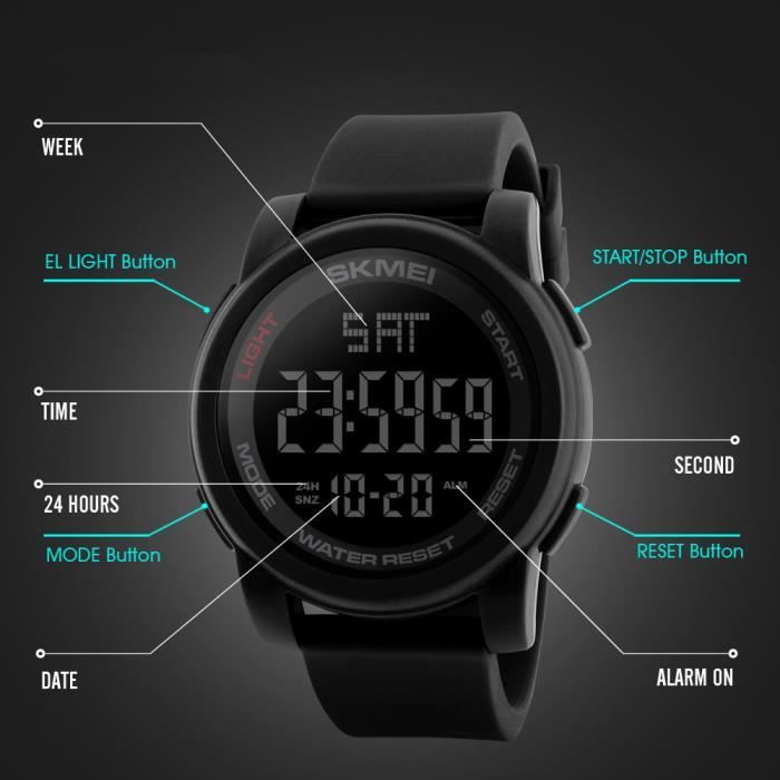 Montre Numérique De Sport Pour Homme Étanche 5 Bars Grand Cadran Alarme Chronometre Vert Clair Item 13146411