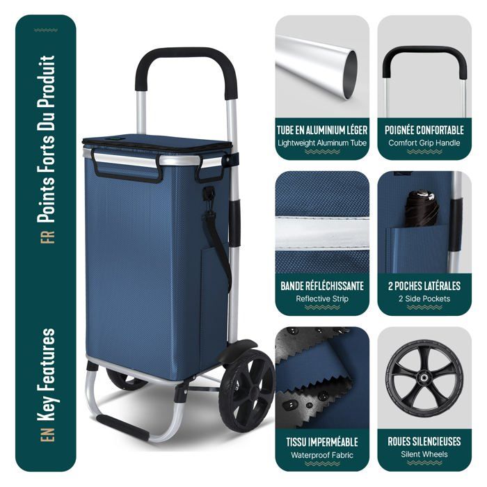 Chariot de Courses Pliable à 4 Roues, Grande Capacité Sac de Caddie