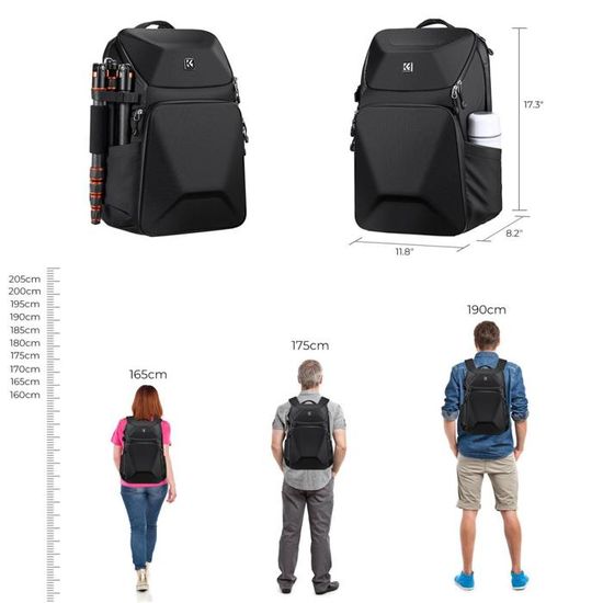 K&F Concept Sac à Dos Photo Rigide 22L Avec Compartiment Ordinateur 15,6" - Housse De Pluie Incluse Pour Appareil Reflex Et Drone