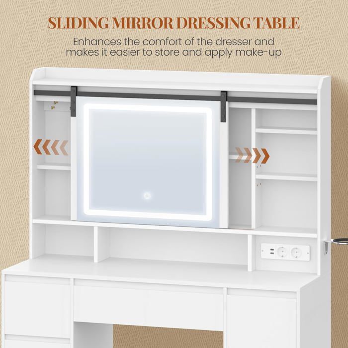 Coiffeuse Avec Miroir Et éclairage LED Réglable - 7 Tiroirs, Multiprise, Rangement Bijoux | Dimensions 40x108x149 Cm, Blanc - 13