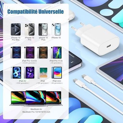 2Pack Chargeur IPhone 17 16 15, 20W USB C Chargeur Rapide 2M Cable C To C Pour Iphone 1717 Pro16 Pro Max15 Pro Max15 Plusipad 12911 Inch Air 5 4 Samsung Gaxyadaptateur Secteur 90026331