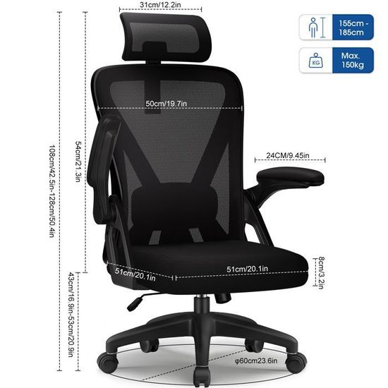 Durrafy Chaise Bureau, Chaise Bureau Ergonomique, Fauteuil de Bureau avec Accoud