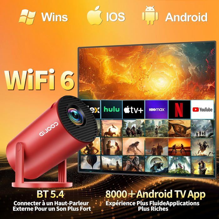 Mini Vidéoprojecteur Portable WiFi 6 & Bluetooth 5.4 - Android TV, 4K, Correction Automatique, 270° Rotation - Idéal Cinéma Maison