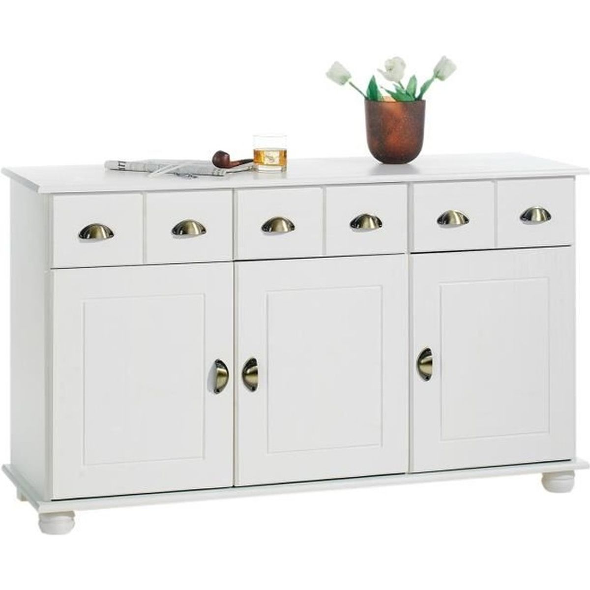 IDIMEX Buffet Paris Commode bahut vaisselier avec 3 Portes battantes et 3 tiroirs pin Massif lasur/é Blanc et Brun