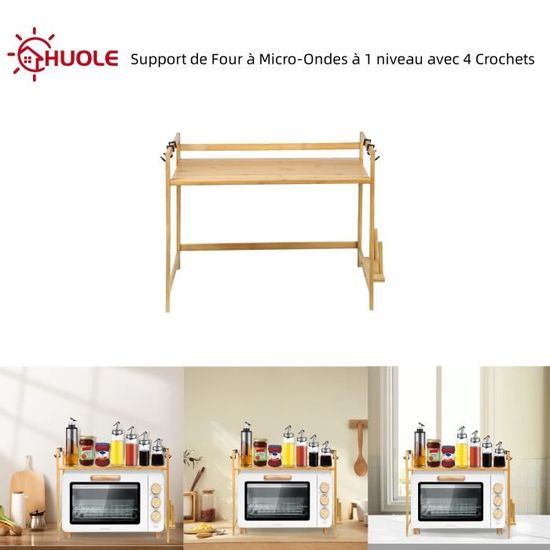 Support Four Micro-Ondes Extensible HUOLE | Meuble Cuisine Réglable - Blanc 40-64x36.5x78cm