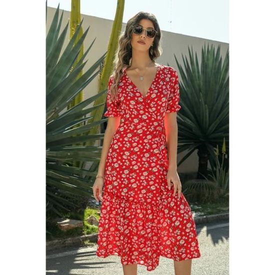 Robe été Femme Courte Imprimé Floral - Col V, Manches Courtes, Taille Haute, Style Bohème