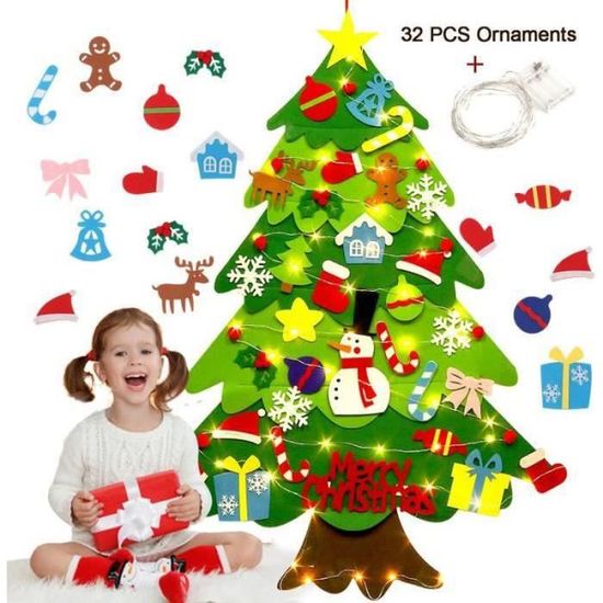 BIR04253-95cm Feutrine Sapin de Noël DIY 3D avec 32 ornements et 50 LED guirlandes de Noël décoration pour enfants