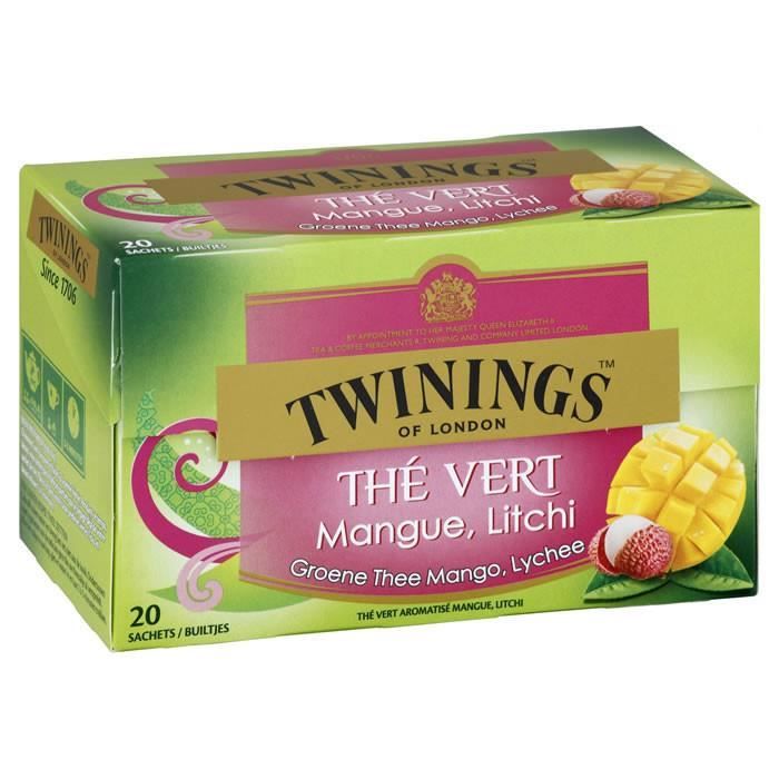 Cafe Moulu - LOT DE 2 - TWININGS Thé vert mangue et litchi 20 Sachets
