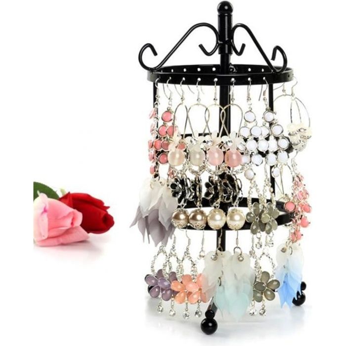 Porte Bijoux 3 Tiers 72 Trous Rotatif Présentoir Bijoux En Métal (Noir)
