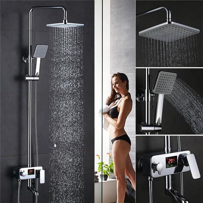PE-Colonne de Douche Italienne Mitigeur Pour Baigoire avec écran LCD Grand Pommeau et Douchette Carré