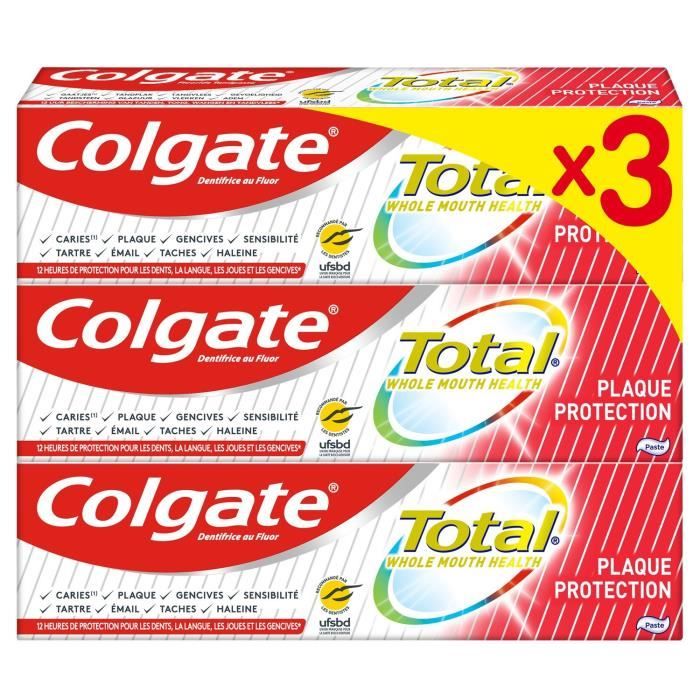 LOT DE 10 - Dentifrice total plaque protection COLGATE le lot de 3 tubes de 75mL