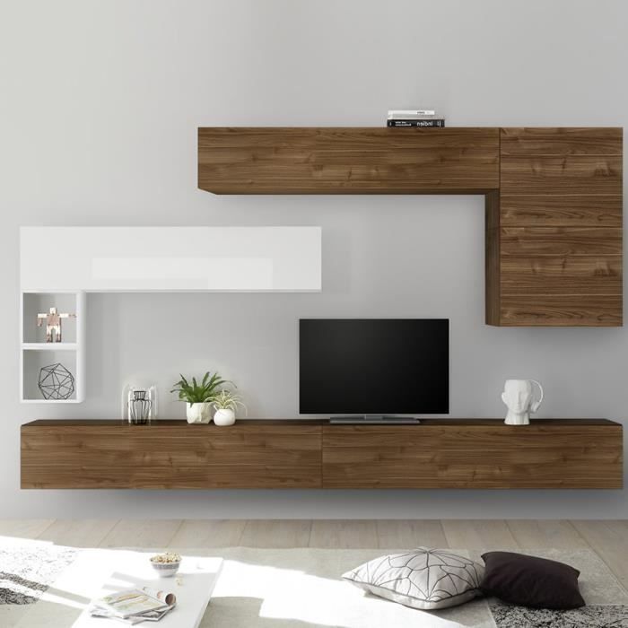 Ensemble meuble TV mural bois et blanc PIANA Marron L 275 x P 30 x H 200 cm