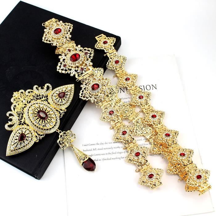 ensemble de bijoux de mariage marocain pour femmes, broche de ceinture Caftan, couleur or, cristal rouge, cadea 20203RED -QUKJ1386