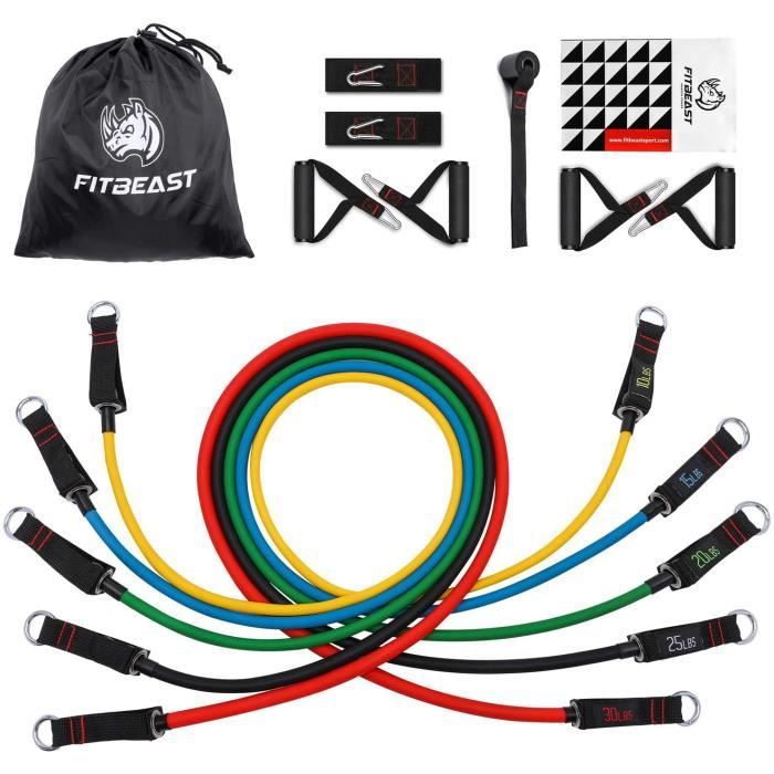 FitBeast Bandes de Résistance d'exercice, Kit de Bandes D'étirement avec 5 Tubes Fitness, 4 Poignées en Mousse, Sangles de Cheville,