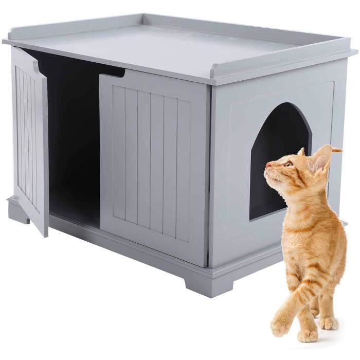 Maison pour chats, niche pour chats et petits chiens, meuble à litière pour chats, en MDF E1, 75 x 51 x 52 cm (Gris)